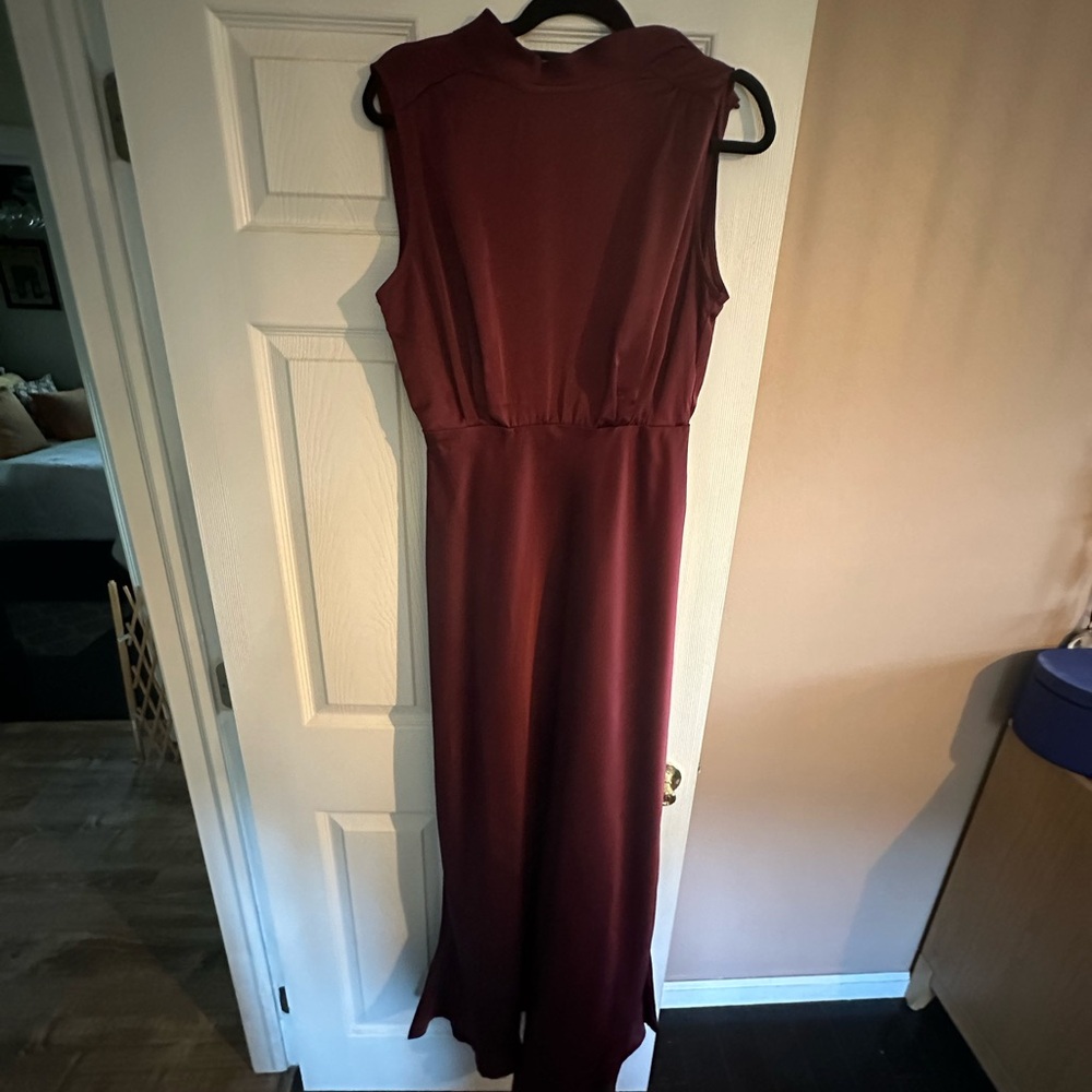 Lulus lassic Elegance Wine Satin Sleeveless Mock Neck Maxi Dress